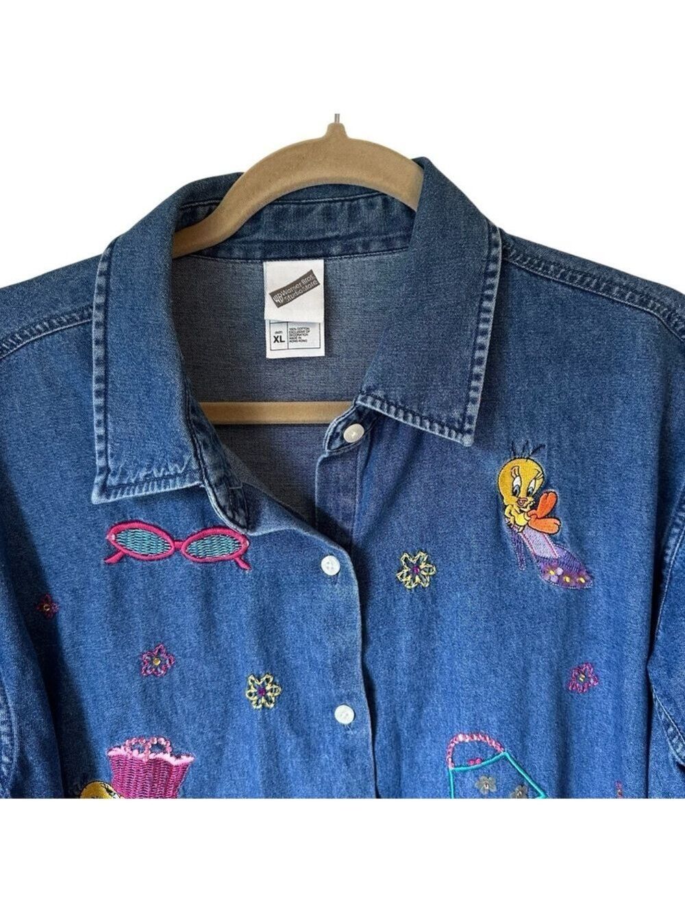 Warner Bros Studios Store Y2K Denim Embroidered Tweety Bird Long Sleeve Shirt XL - Picture 2 of 6
